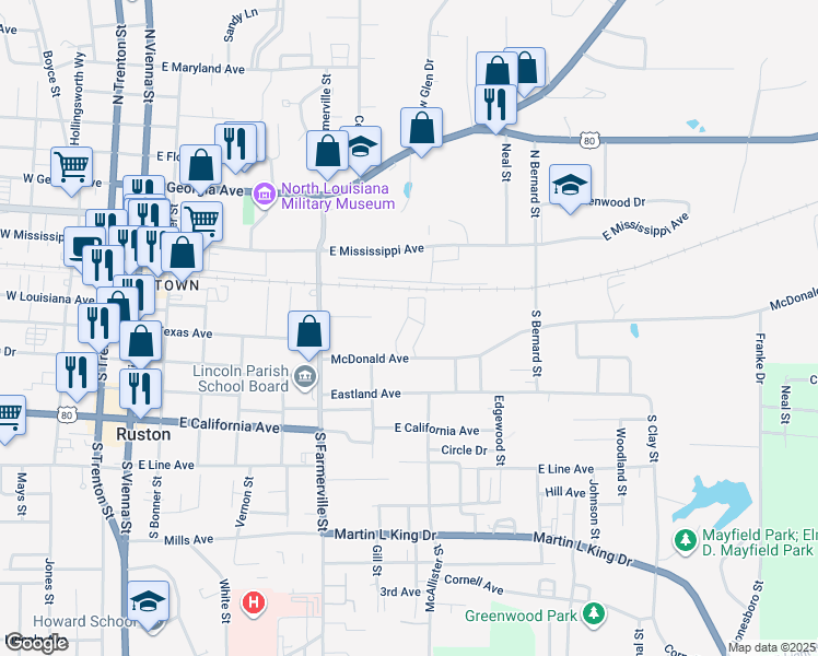 map of restaurants, bars, coffee shops, grocery stores, and more near 713 McDonald Avenue in Ruston