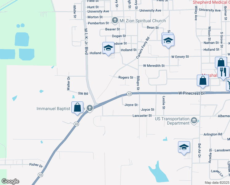 map of restaurants, bars, coffee shops, grocery stores, and more near 2207 West Pinecrest Drive in Marshall