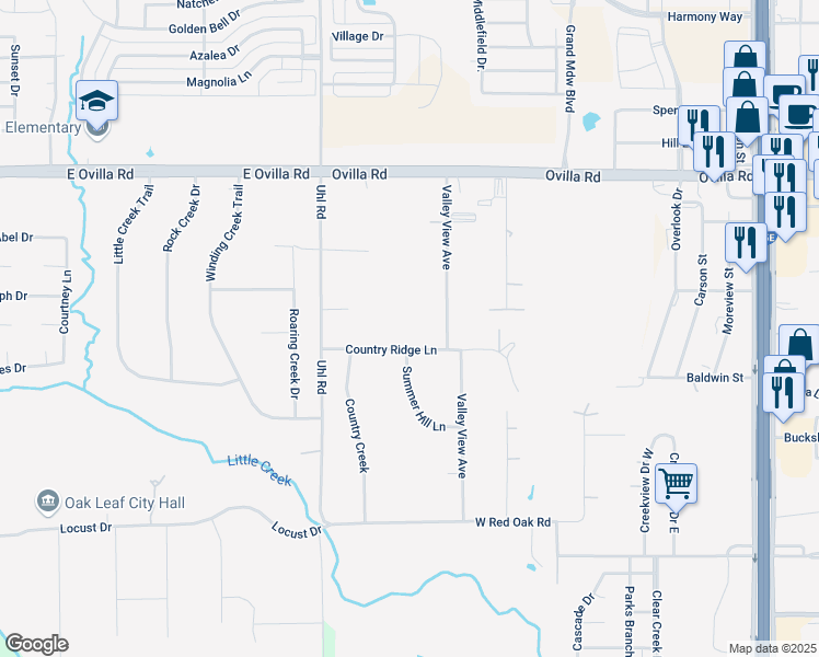 map of restaurants, bars, coffee shops, grocery stores, and more near 417 Country Ridge Lane in Red Oak