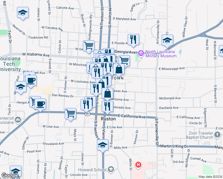 map of restaurants, bars, coffee shops, grocery stores, and more near in Ruston