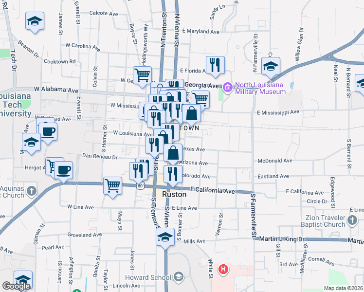 map of restaurants, bars, coffee shops, grocery stores, and more near in Ruston