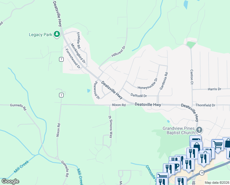 map of restaurants, bars, coffee shops, grocery stores, and more near 1181 Deatsville Highway in Millbrook