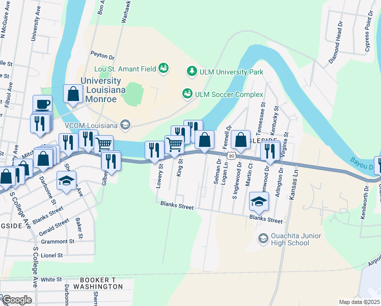 map of restaurants, bars, coffee shops, grocery stores, and more near 5321 Desiard Street in Monroe