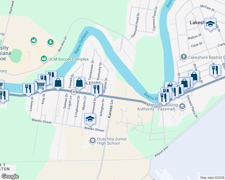 map of restaurants, bars, coffee shops, grocery stores, and more near 1228 Highway 134 in Monroe