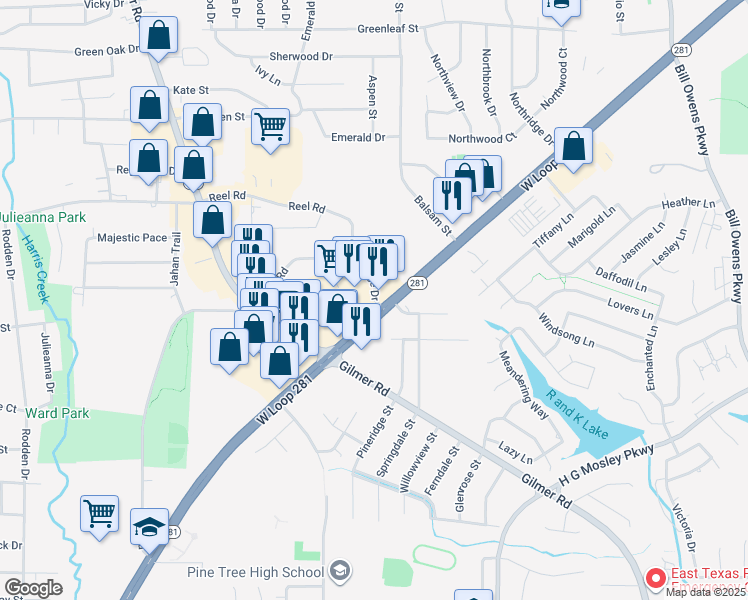 map of restaurants, bars, coffee shops, grocery stores, and more near 106 Village Drive in Longview
