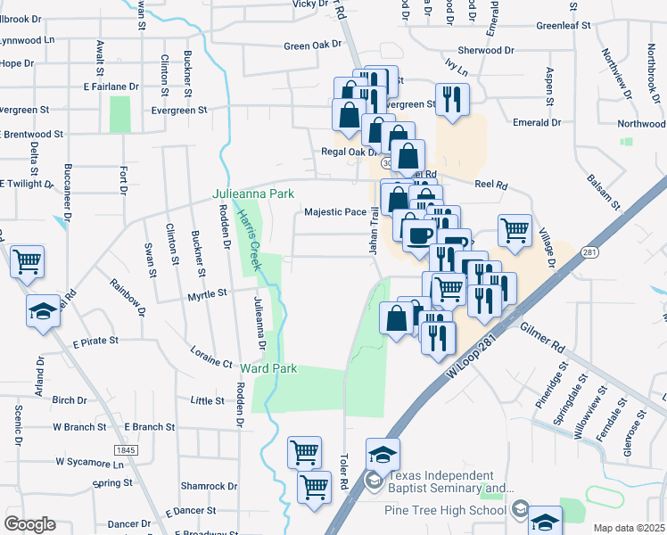 map of restaurants, bars, coffee shops, grocery stores, and more near 2013 Seabiscuit Trace in Longview
