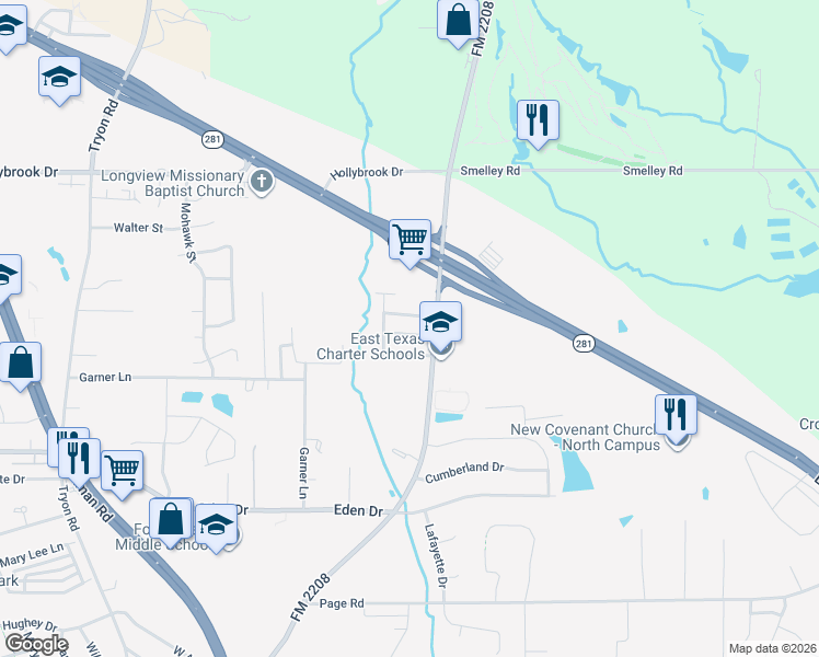 map of restaurants, bars, coffee shops, grocery stores, and more near 1823 Flagstone Drive in Longview