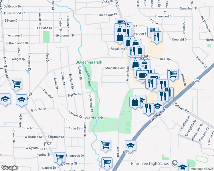 map of restaurants, bars, coffee shops, grocery stores, and more near 2003 Seabiscuit Trace in Longview