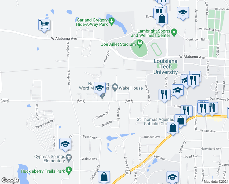 map of restaurants, bars, coffee shops, grocery stores, and more near 224 Ragan Street in Ruston
