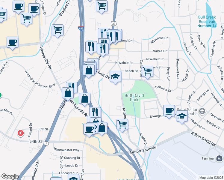 map of restaurants, bars, coffee shops, grocery stores, and more near 5801 Armour Road in Columbus
