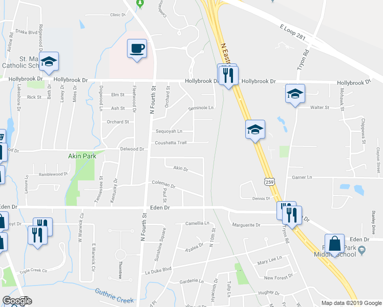 map of restaurants, bars, coffee shops, grocery stores, and more near 1101 Delwood Drive in Longview