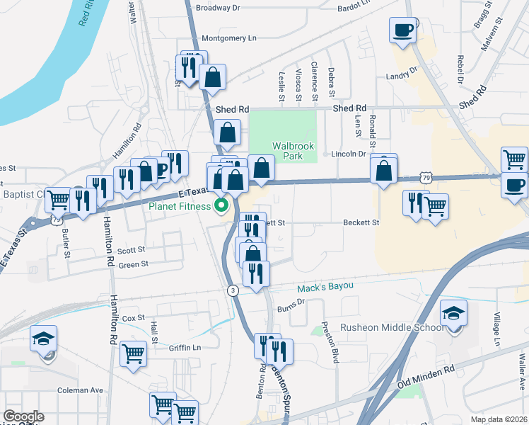 map of restaurants, bars, coffee shops, grocery stores, and more near 2210 East Texas Street in Bossier City