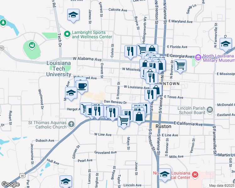 map of restaurants, bars, coffee shops, grocery stores, and more near 507 West Louisiana Avenue in Ruston