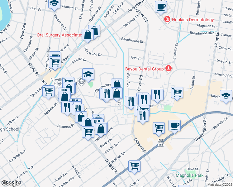 map of restaurants, bars, coffee shops, grocery stores, and more near 1705 Ridgemar Drive in Monroe