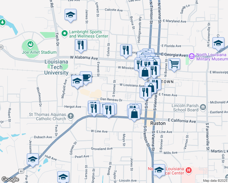 map of restaurants, bars, coffee shops, grocery stores, and more near 501 West Texas Avenue in Ruston