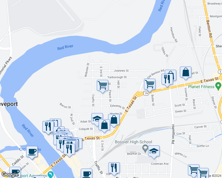 map of restaurants, bars, coffee shops, grocery stores, and more near 501 Montgomery Street in Bossier City