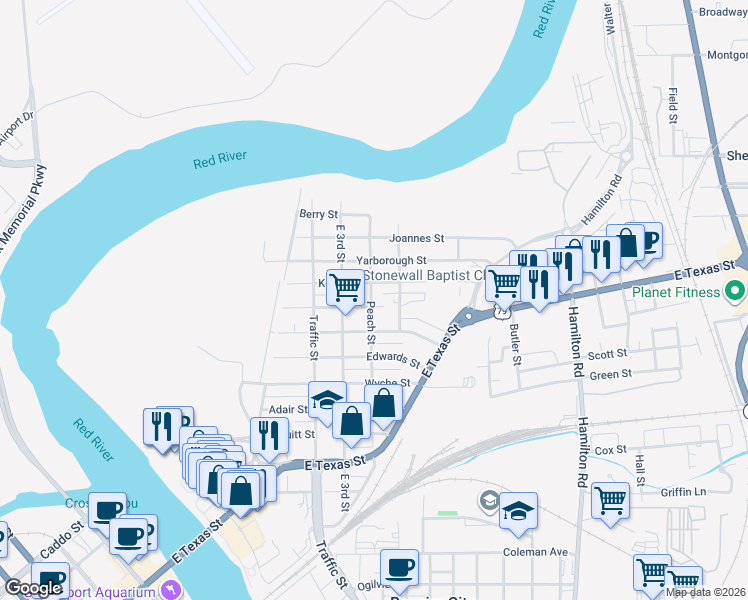 map of restaurants, bars, coffee shops, grocery stores, and more near 424 Kelly Street in Bossier City
