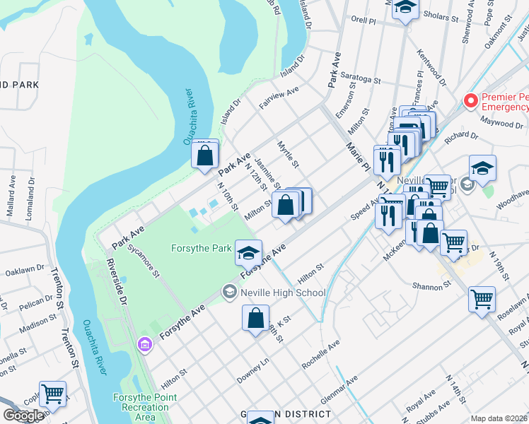 map of restaurants, bars, coffee shops, grocery stores, and more near 1015 Milton Street in Monroe