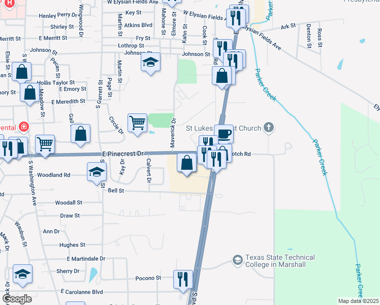 map of restaurants, bars, coffee shops, grocery stores, and more near 1300 East Pinecrest Drive in Marshall