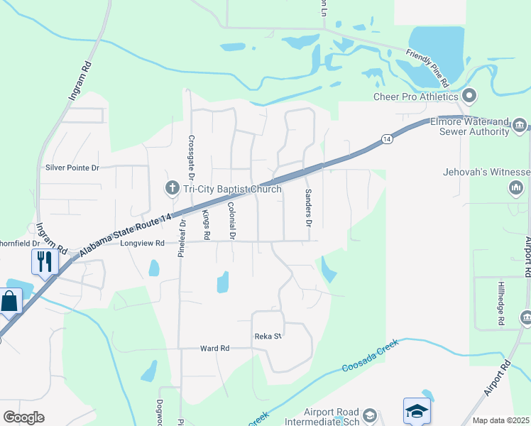 map of restaurants, bars, coffee shops, grocery stores, and more near 6770 Governors Drive in Elmore