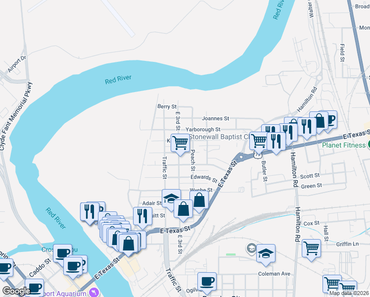 map of restaurants, bars, coffee shops, grocery stores, and more near 424 Kelly Street in Bossier City