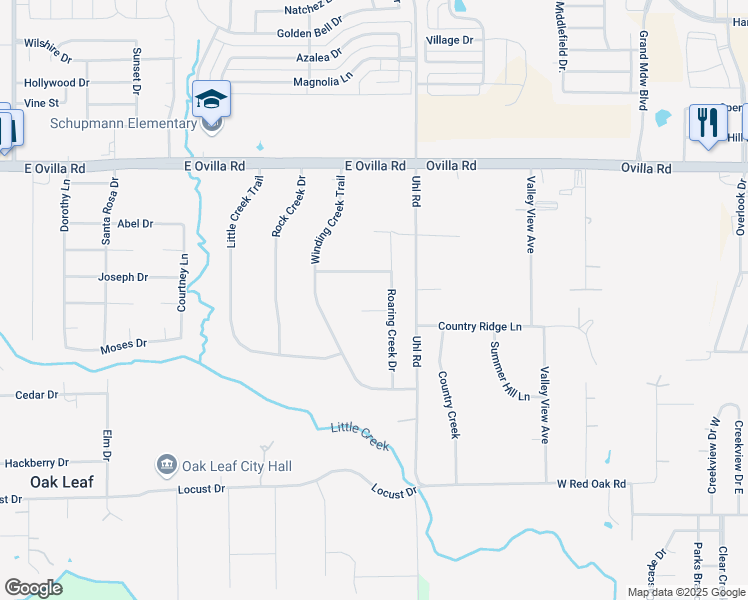 map of restaurants, bars, coffee shops, grocery stores, and more near 606 Shallow Creek Drive in Red Oak