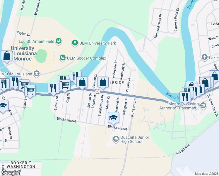map of restaurants, bars, coffee shops, grocery stores, and more near 100 N Inglewood Dr in Monroe