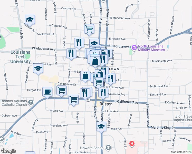 map of restaurants, bars, coffee shops, grocery stores, and more near 211 West Railroad Avenue in Ruston