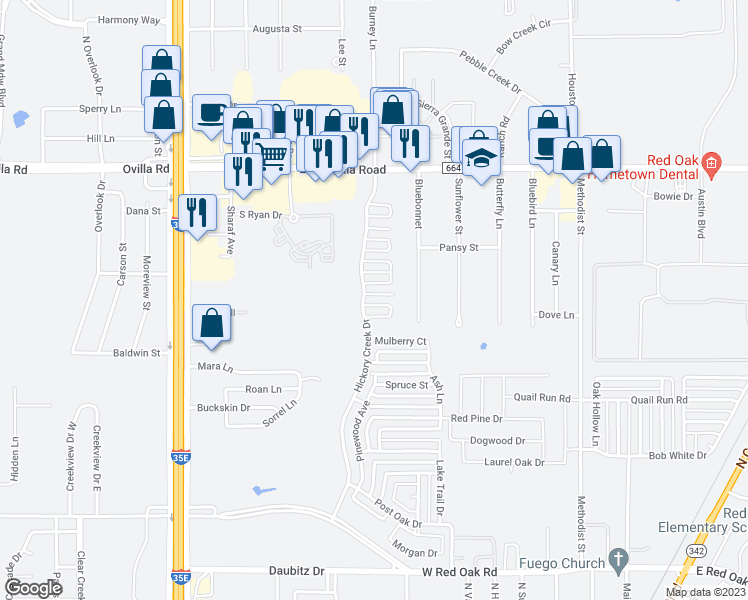 map of restaurants, bars, coffee shops, grocery stores, and more near 503 Cypress Court in Red Oak