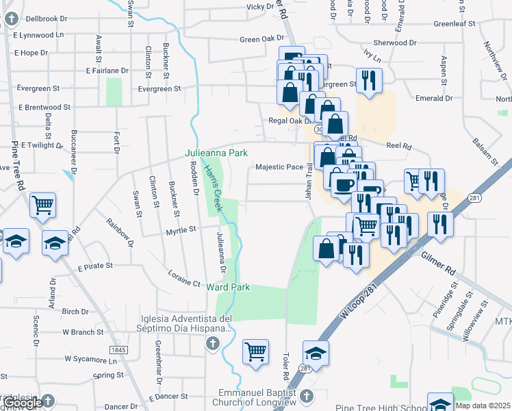 map of restaurants, bars, coffee shops, grocery stores, and more near 2002 Seabiscuit Trace in Longview