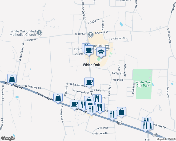 map of restaurants, bars, coffee shops, grocery stores, and more near in White Oak