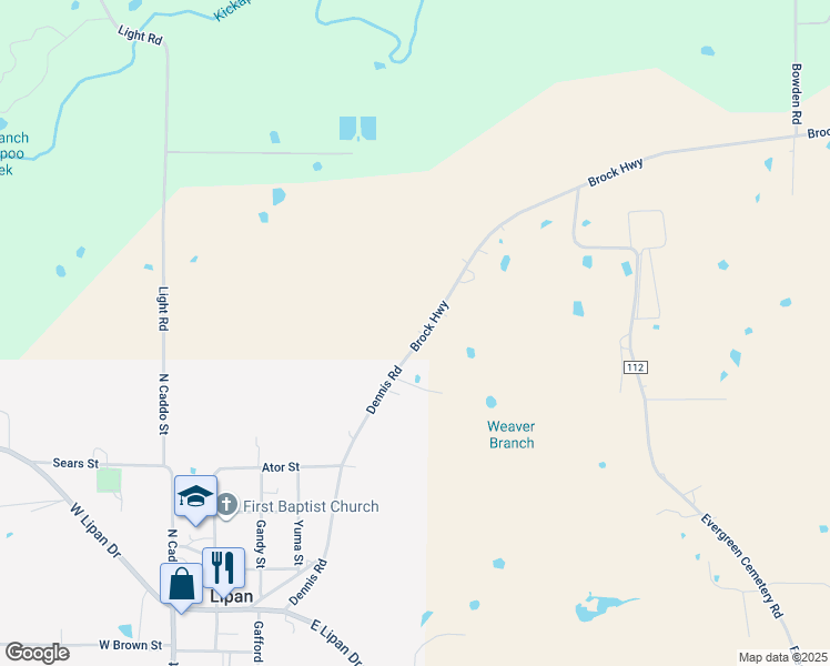map of restaurants, bars, coffee shops, grocery stores, and more near 12620 Brock Highway in Lipan