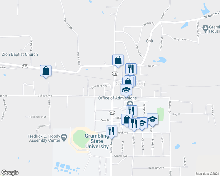 map of restaurants, bars, coffee shops, grocery stores, and more near 777 Rwe Jones Street in Grambling
