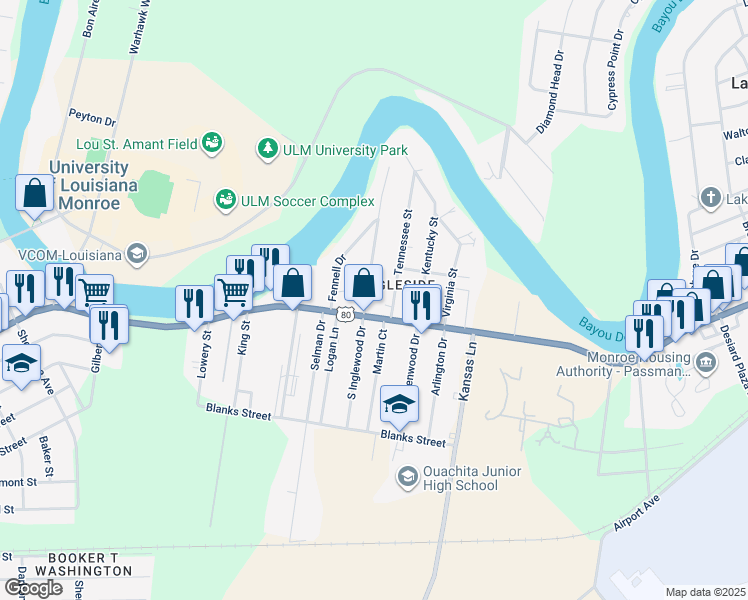 map of restaurants, bars, coffee shops, grocery stores, and more near 100 North Inglewood Drive in Monroe