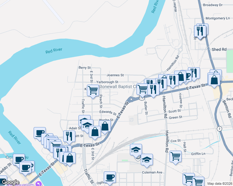 map of restaurants, bars, coffee shops, grocery stores, and more near 628 Kelly Street in Bossier City
