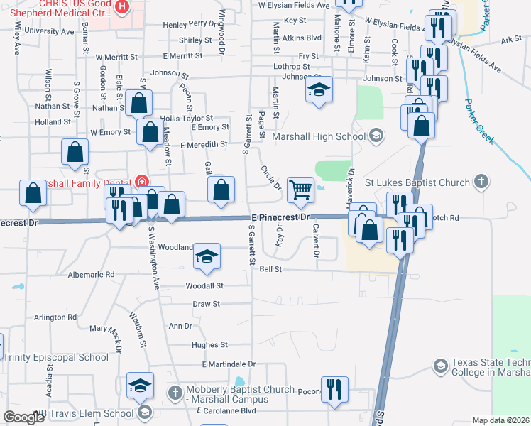 map of restaurants, bars, coffee shops, grocery stores, and more near 700 Circle Drive in Marshall