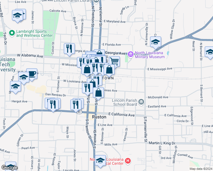 map of restaurants, bars, coffee shops, grocery stores, and more near 205 South Bonner Street in Ruston
