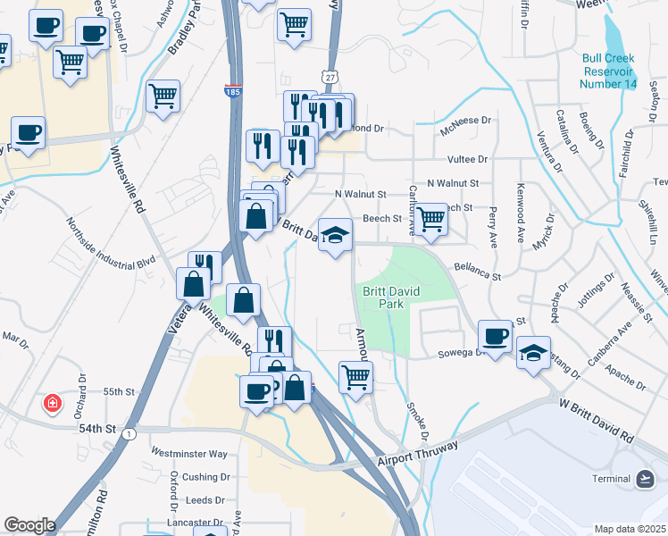 map of restaurants, bars, coffee shops, grocery stores, and more near 5801 Armour Road in Columbus