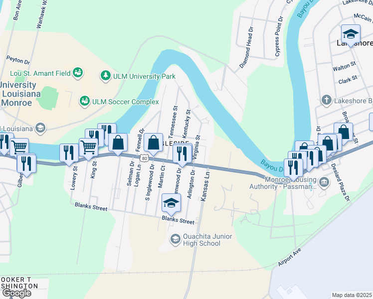 map of restaurants, bars, coffee shops, grocery stores, and more near 111 Virginia St in Monroe
