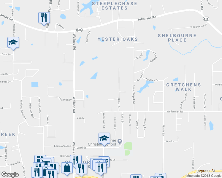 map of restaurants, bars, coffee shops, grocery stores, and more near 203 Hilbert Drive in West Monroe