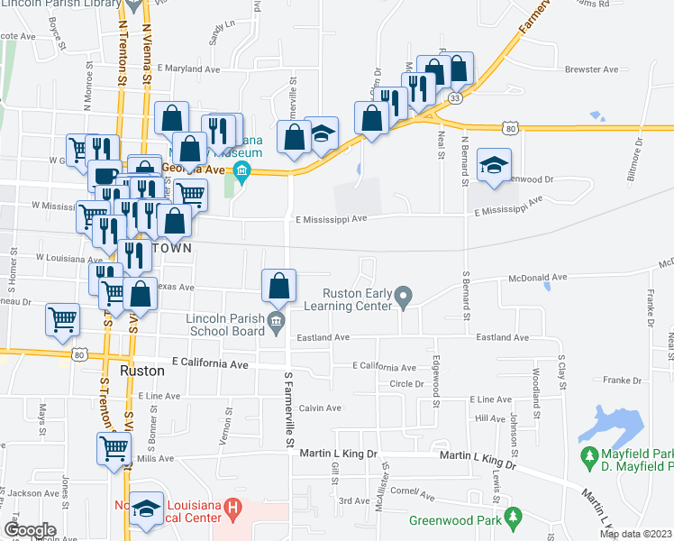 map of restaurants, bars, coffee shops, grocery stores, and more near 621 Durden Avenue in Ruston