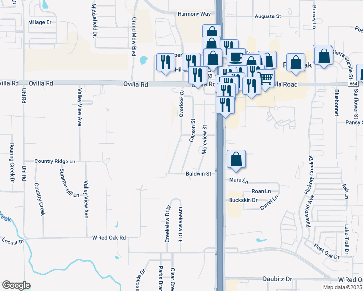 map of restaurants, bars, coffee shops, grocery stores, and more near 302 Carson Street in Red Oak