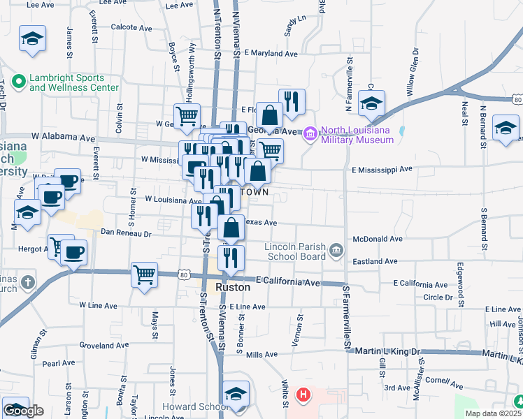 map of restaurants, bars, coffee shops, grocery stores, and more near 208 East Louisiana Avenue in Ruston
