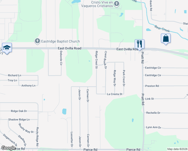 map of restaurants, bars, coffee shops, grocery stores, and more near 121 Ridge Crest St in Red Oak
