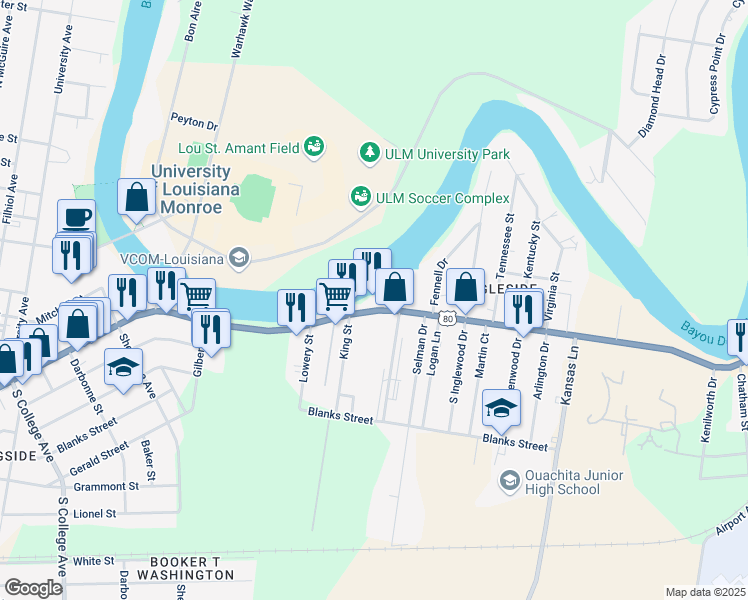 map of restaurants, bars, coffee shops, grocery stores, and more near 5321 Desiard Street in Monroe