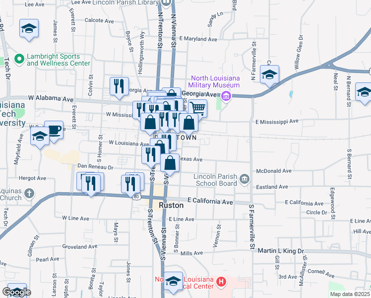 map of restaurants, bars, coffee shops, grocery stores, and more near 201 South Bonner Street in Ruston