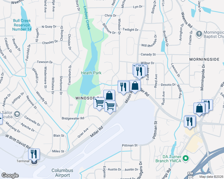 map of restaurants, bars, coffee shops, grocery stores, and more near 5815 Windsor Drive in Columbus