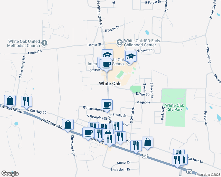 map of restaurants, bars, coffee shops, grocery stores, and more near in White Oak