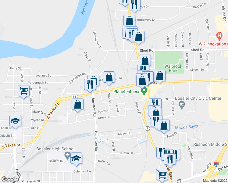 map of restaurants, bars, coffee shops, grocery stores, and more near 2010 East Texas Street in Bossier City