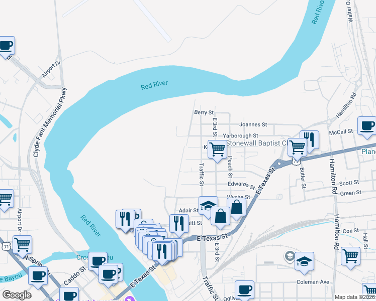 map of restaurants, bars, coffee shops, grocery stores, and more near 206 Kelly Street in Bossier City